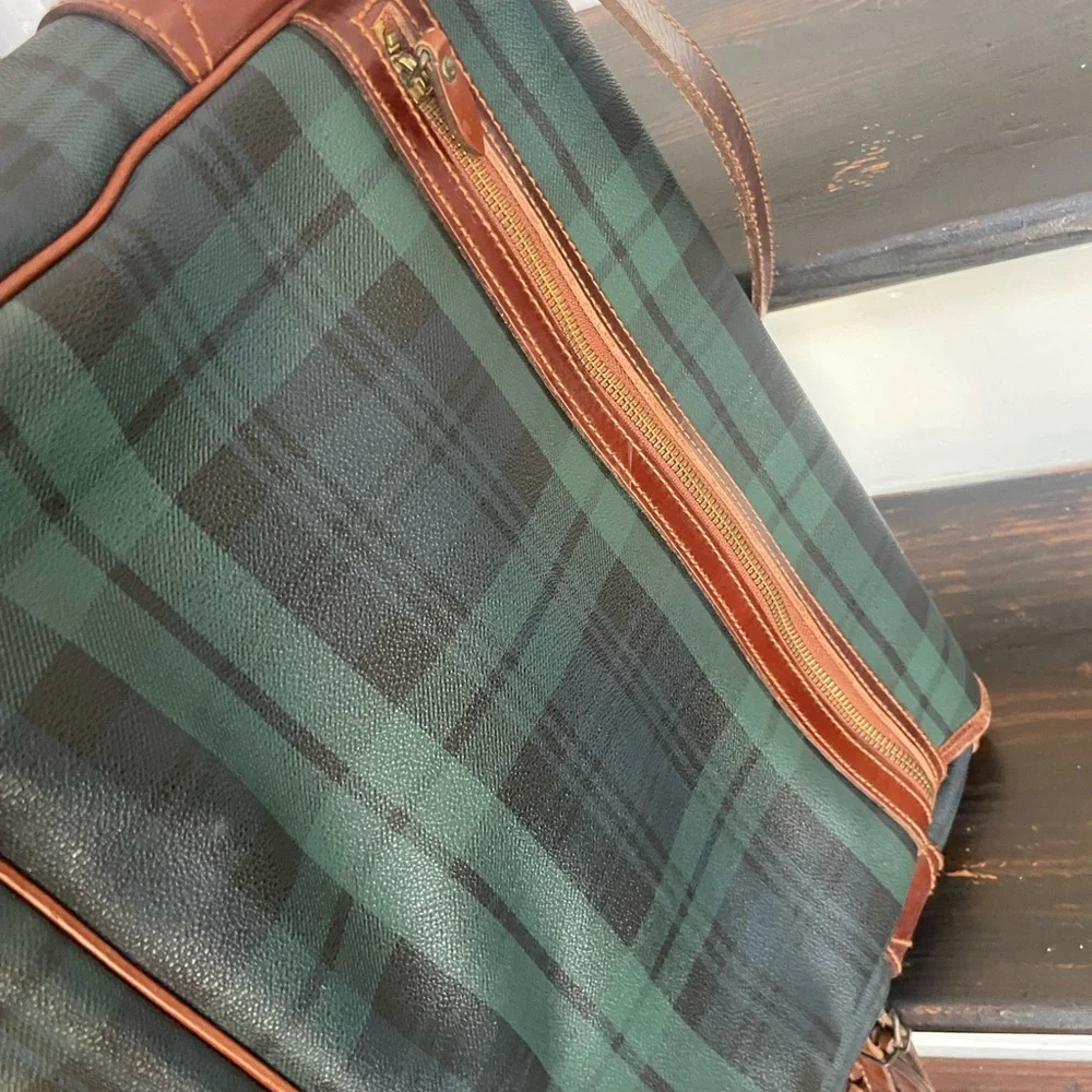 Polo by Ralph Lauren Green and Black Plaid Leather-Trim Messenger Briefcase